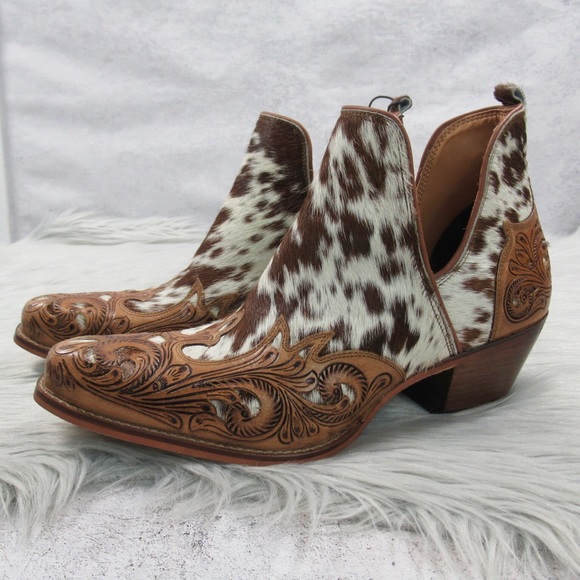 MYRA Western Boho Horse Jane Tooled Leather Hairon Calf-Hair Ankle Booties 10 - Picture 5 of 11
